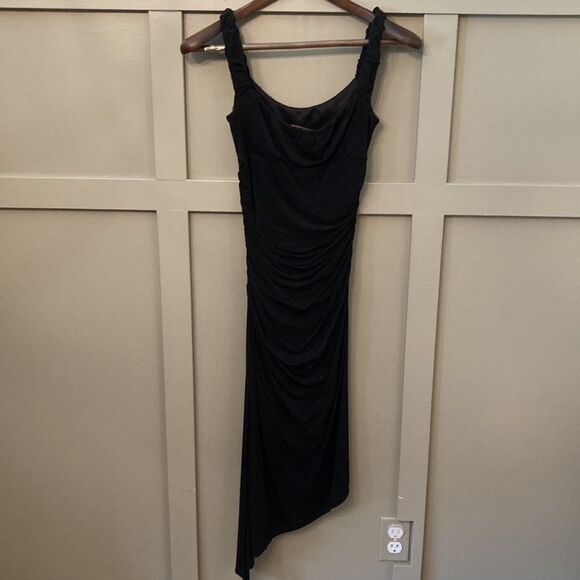 BCBG maxAzria ruched asymmetric hem midi dress black size XS - Picture 11 of 15